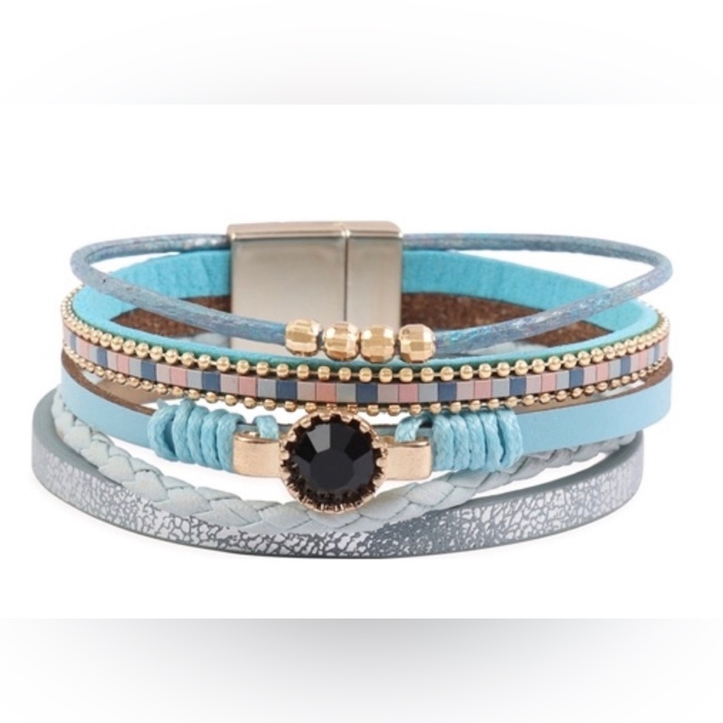 Multi Line Faux Leather Magnetic Bracelet With Charm